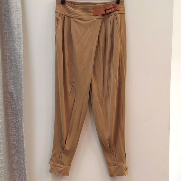 Ralph Lauren Trouser Pants Leather Belt Detail Cuff Hem Pocket Viscose Khaki 4 - Picture 1 of 13